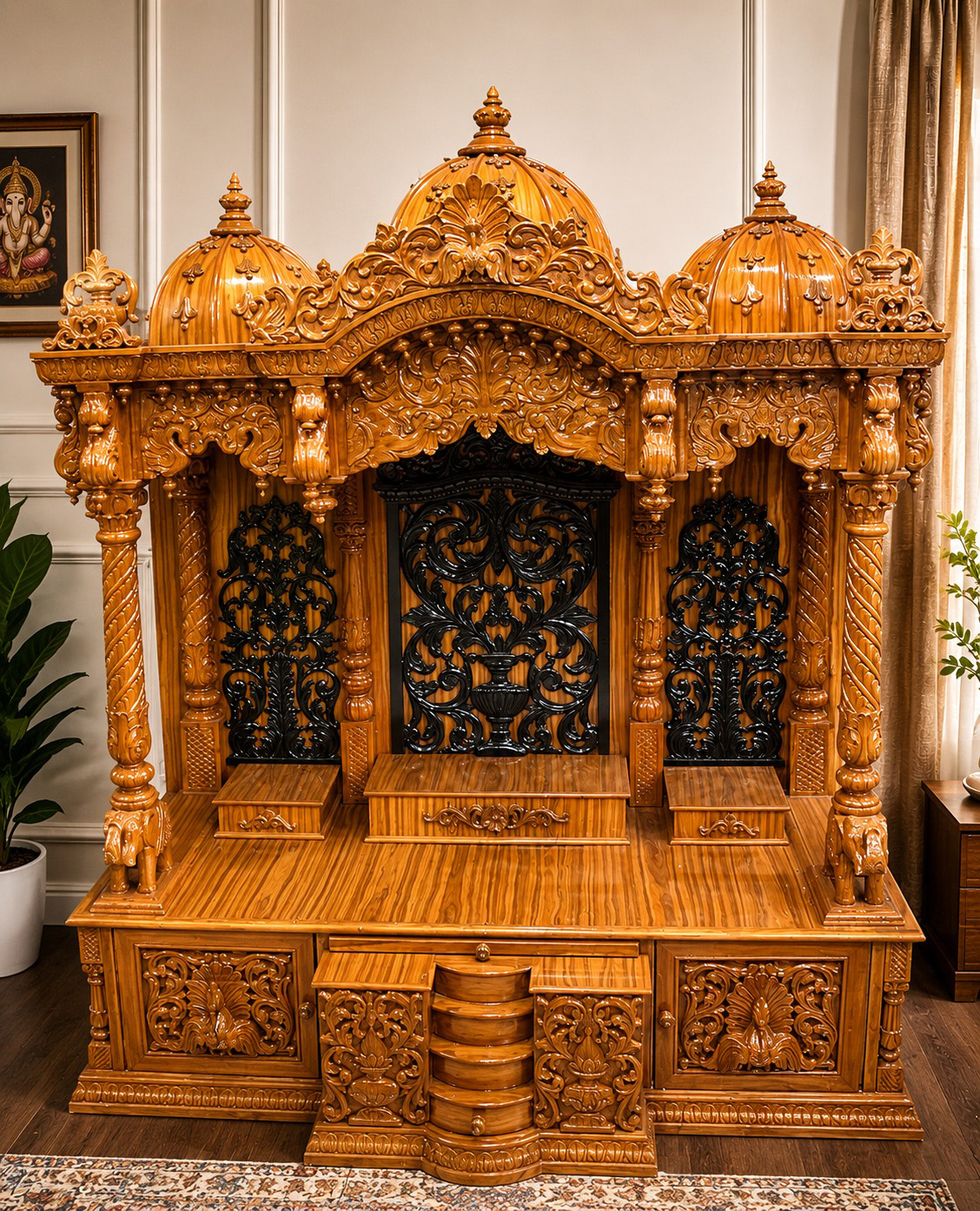 Teak Wood Mandir With Laser Cut Design