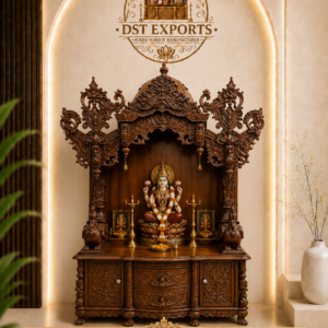 Large Wooden Hindu Temple for Home with Storage Cabinet and Premium Teak Wood Finish