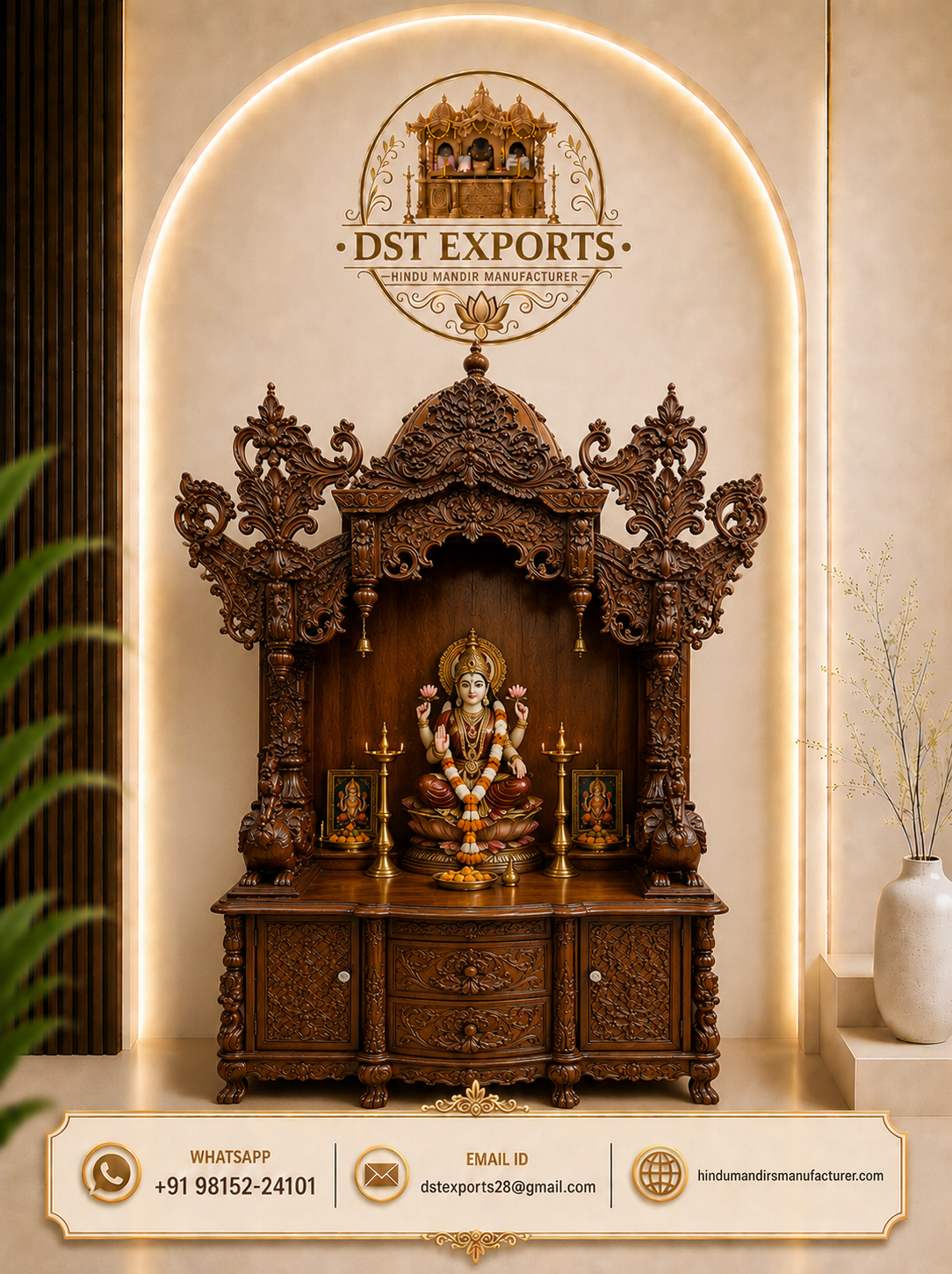 Large Wooden Hindu Temple for Home with Storage Cabinet and Premium Teak Wood Finish