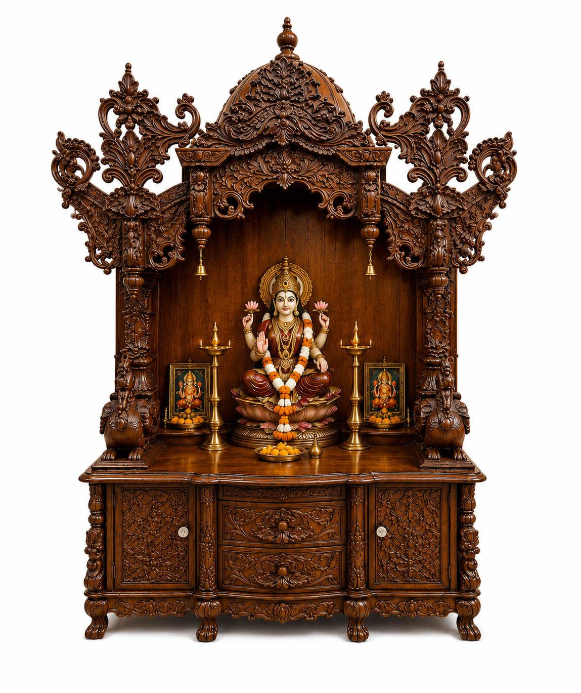 Large Wooden Hindu Temple for Home with Storage Cabinet and Premium Teak Wood Finish - Image 2