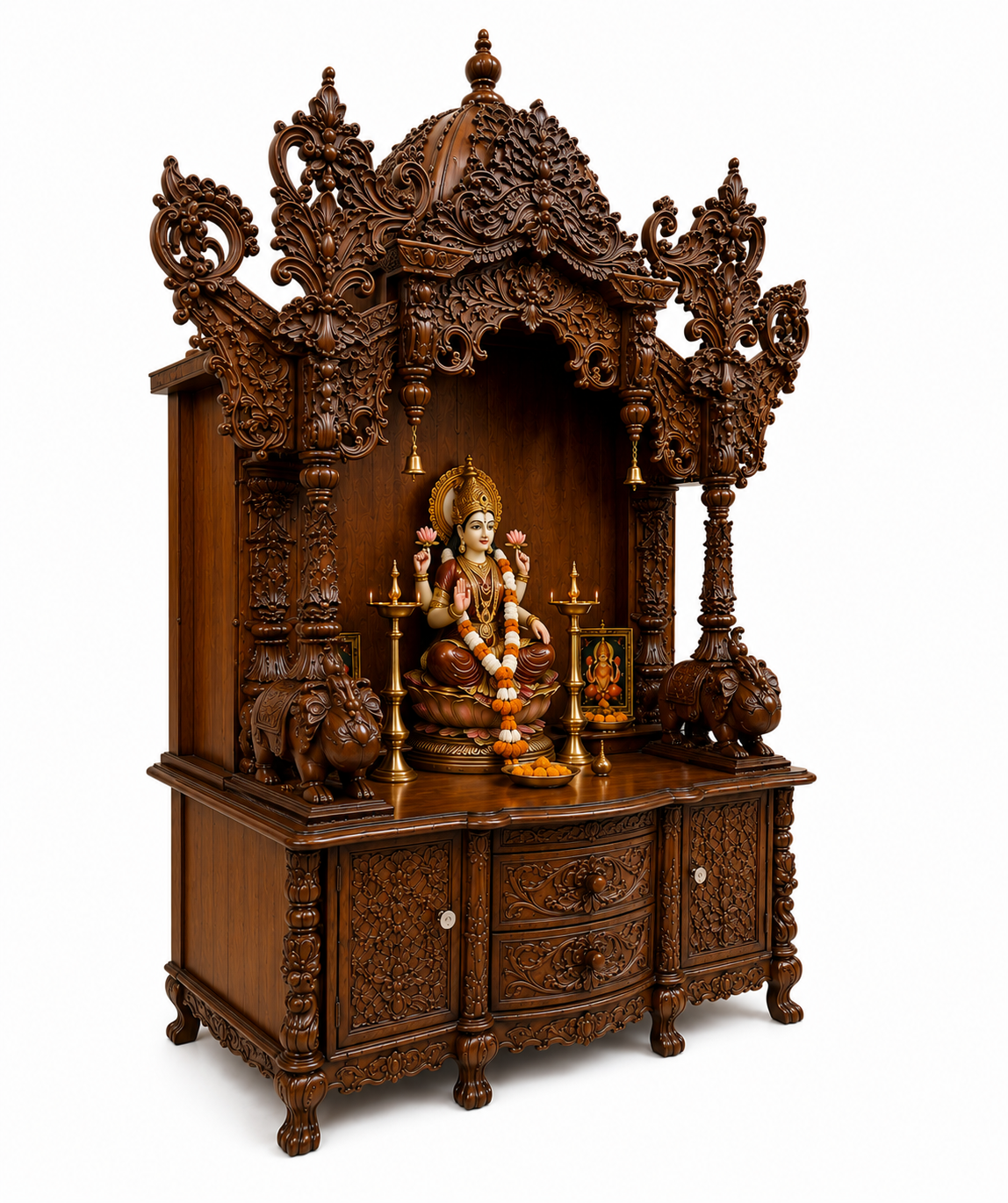 Large Wooden Hindu Temple for Home with Storage Cabinet and Premium Teak Wood Finish - Image 4