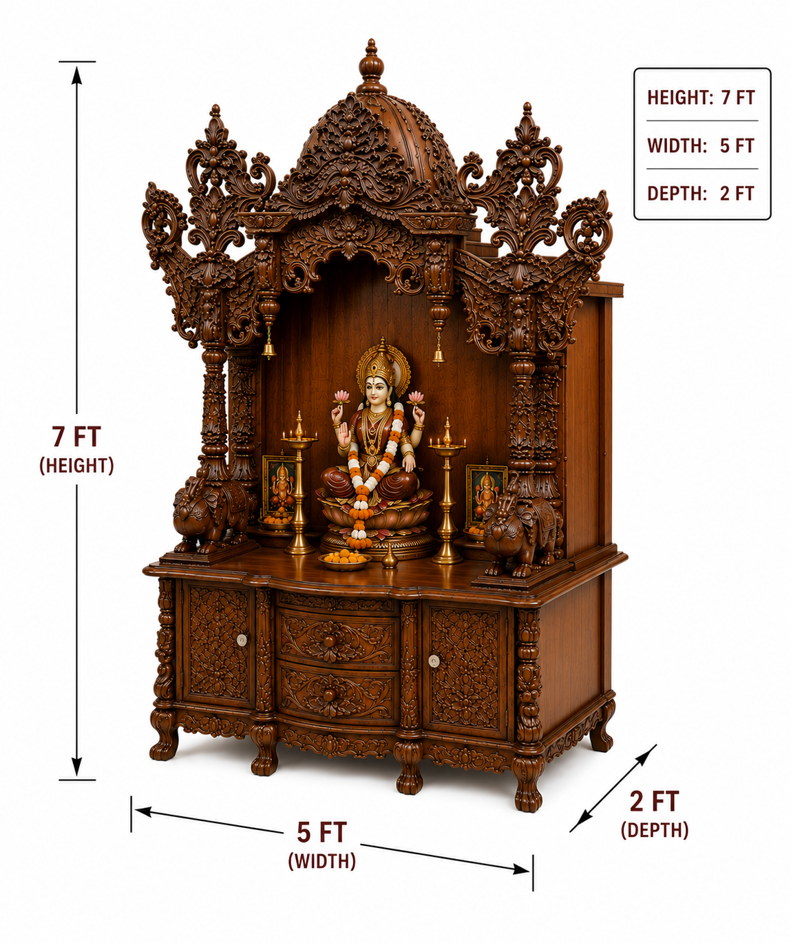 Large Wooden Hindu Temple for Home with Storage Cabinet and Premium Teak Wood Finish - Image 3