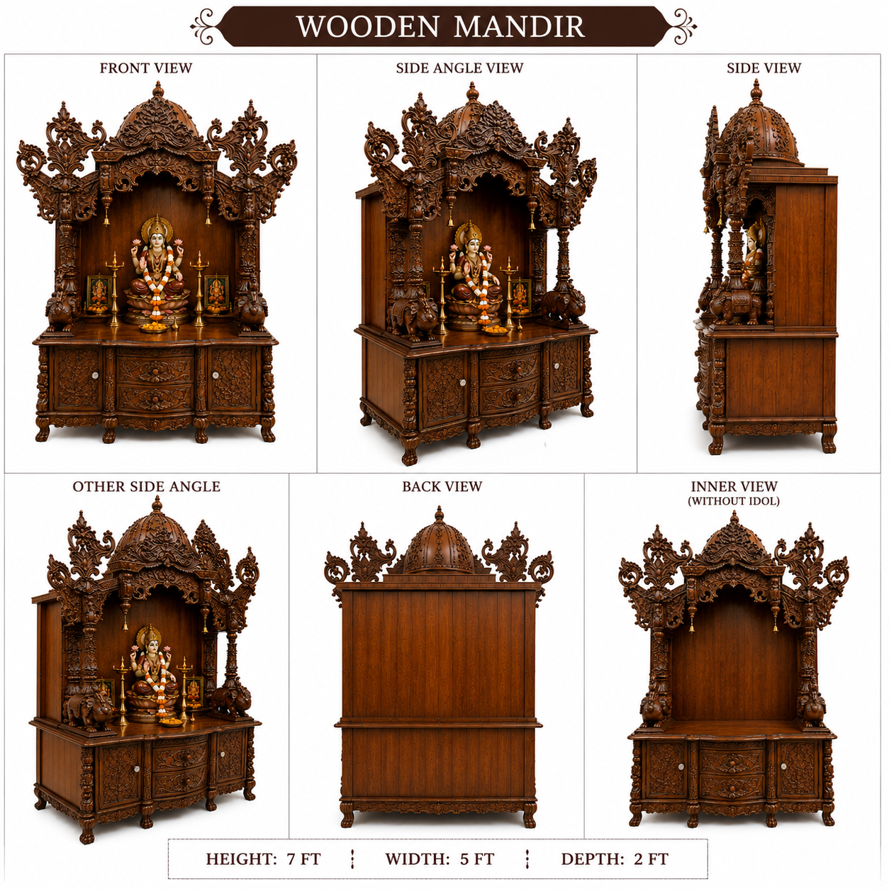 Large Wooden Hindu Temple for Home with Storage Cabinet and Premium Teak Wood Finish - Image 5