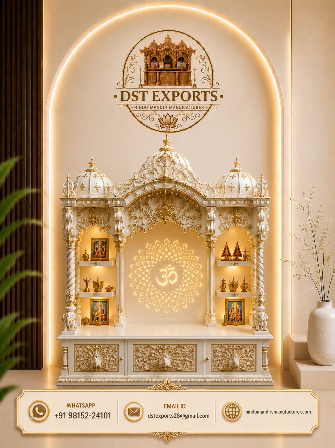 Traditional White and Gold Mandir with Om Back Design