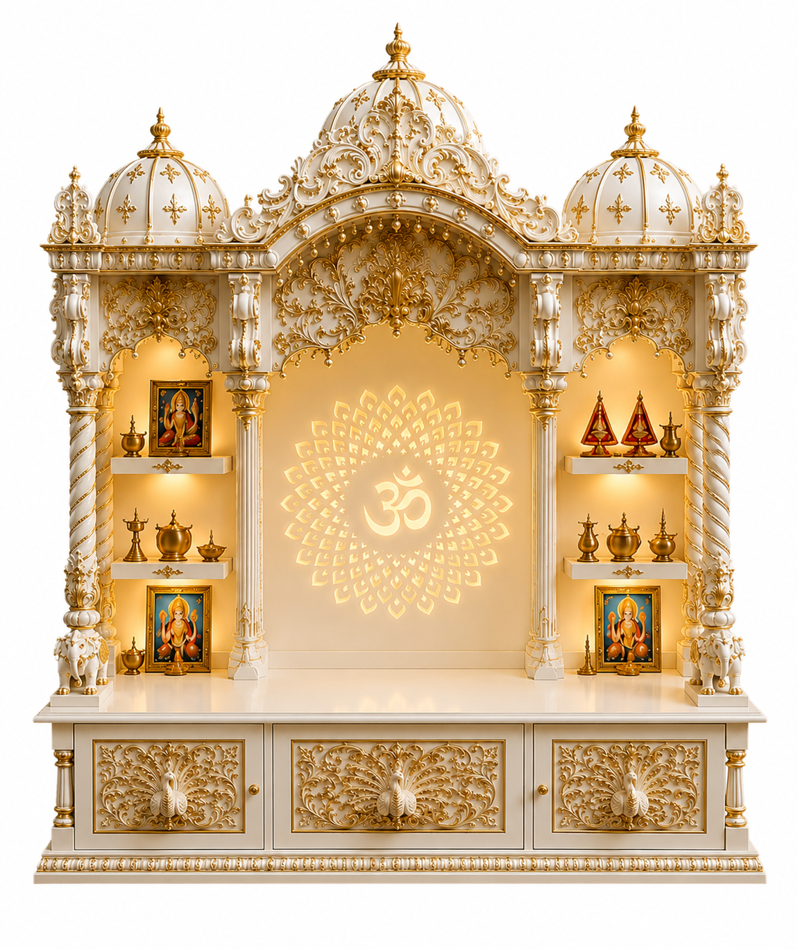 Traditional White and Gold Mandir with Om Back Design - Image 2