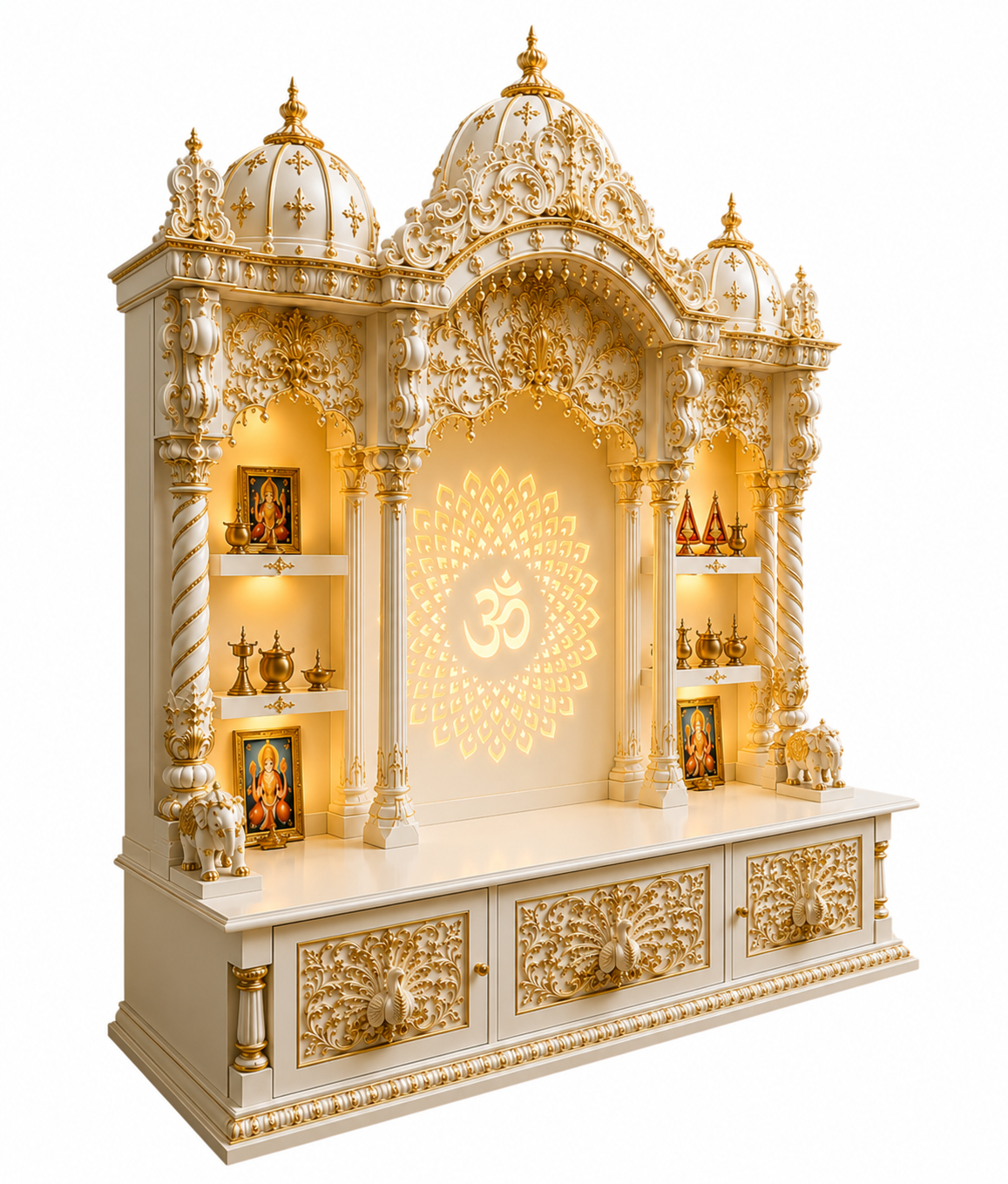 Traditional White and Gold Mandir with Om Back Design - Image 3