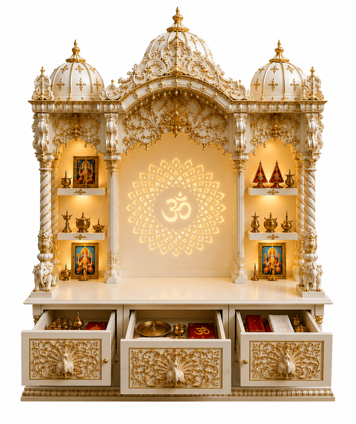 Traditional White and Gold Mandir with Om Back Design - Image 5
