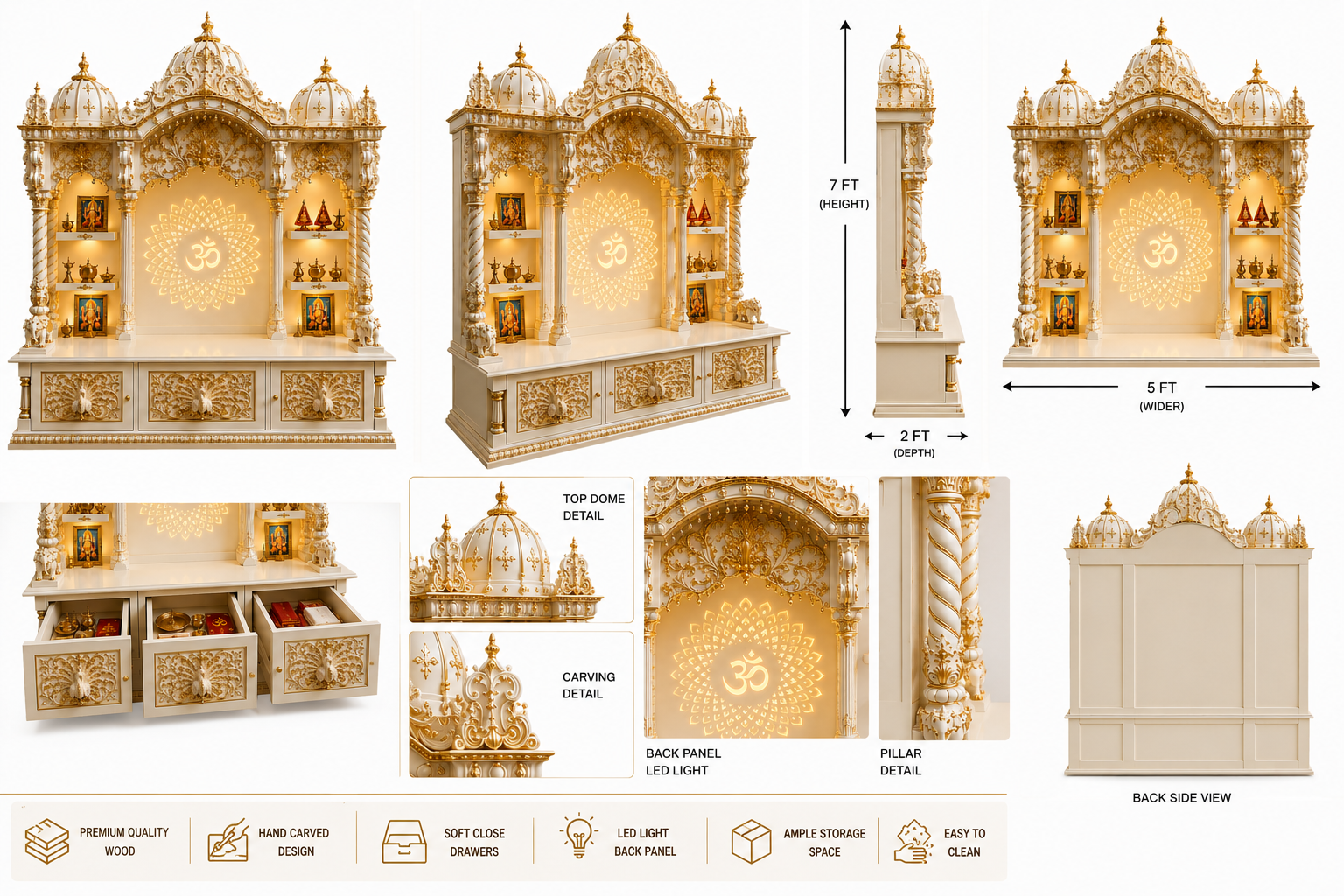 Traditional White and Gold Mandir with Om Back Design - Image 6