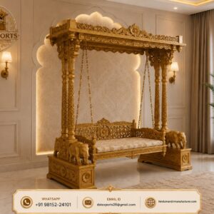 Maharaja Hand-Carved Teak Wood Jhula with Elephant Pillars