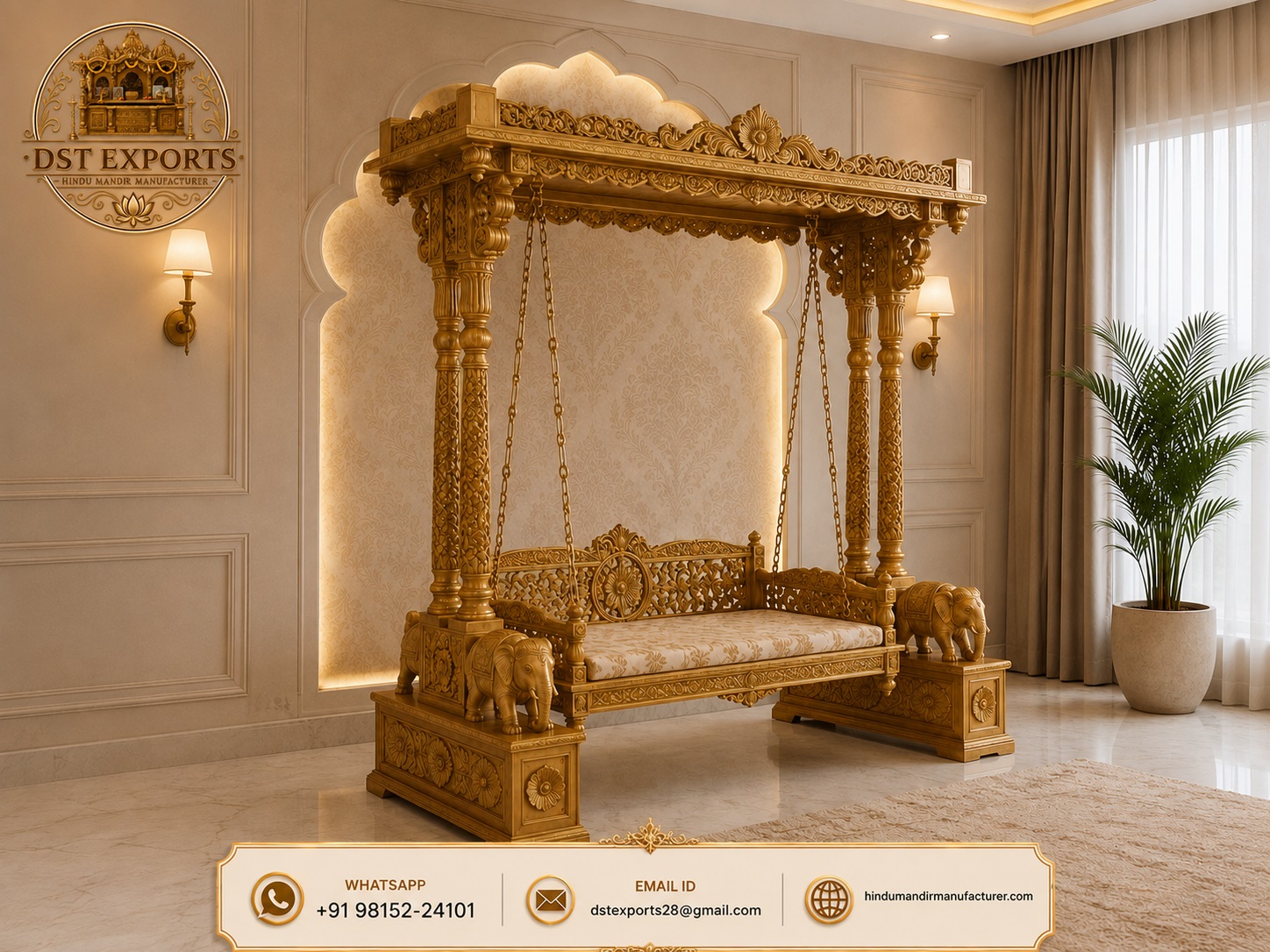 Maharaja Hand-Carved Teak Wood Jhula with Elephant Pillars