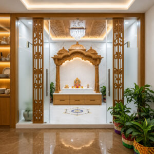 Elegant Home Temple with Carved Pillars and Om Engraving