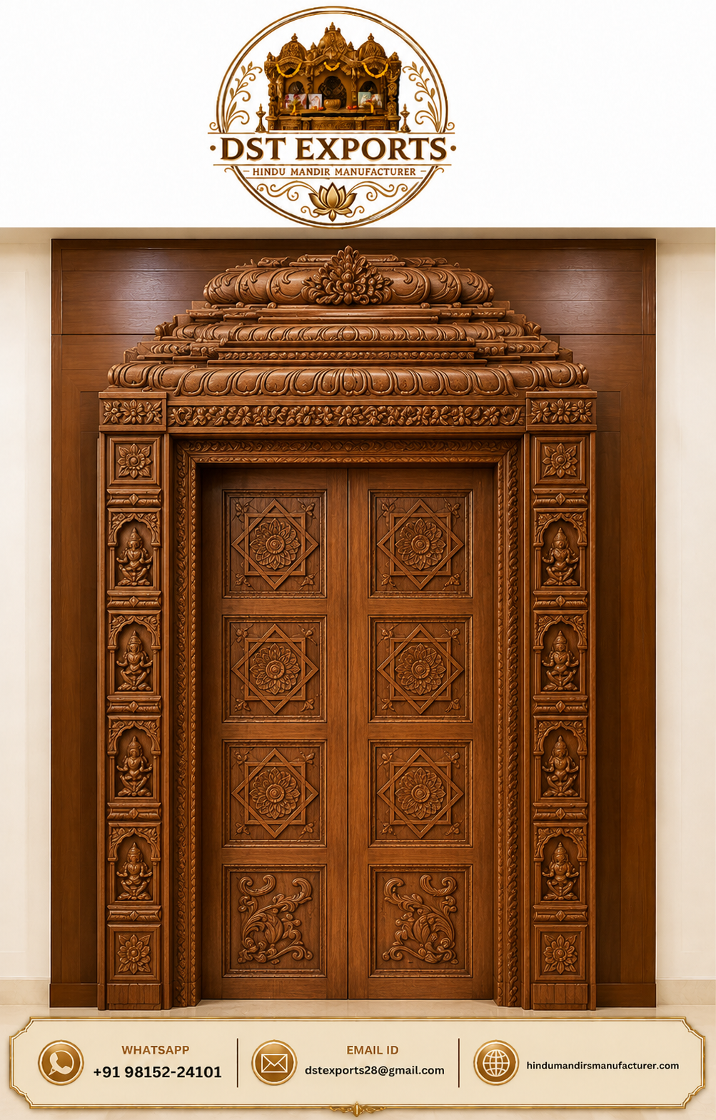 Traditional Ashtalakshmi Carved Wooden Door for Pooja Room