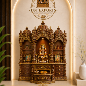 Premium hand-carved teak wood Mahalaxmi Mandir for pooja room with triple domes, carved pillars, spacious drawers, storage cabinets, and traditional Indian temple design.