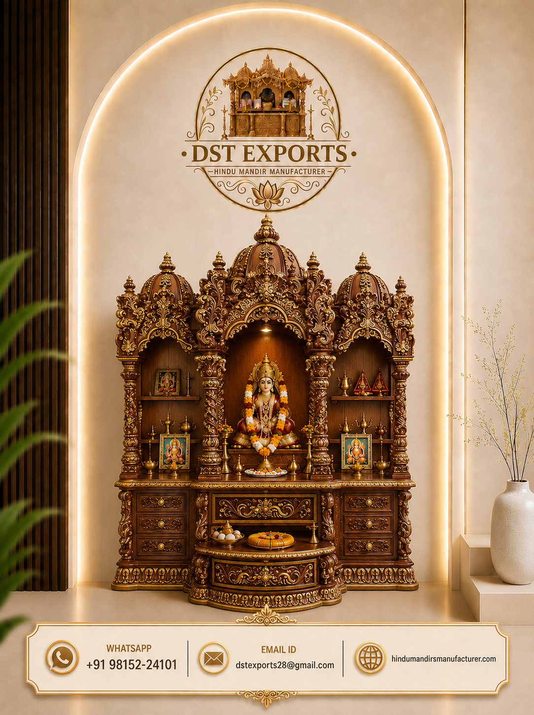 Premium hand-carved teak wood Mahalaxmi Mandir for pooja room with triple domes, carved pillars, spacious drawers, storage cabinets, and traditional Indian temple design.