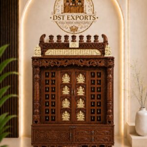 South Indian Ashtalakshmi Pooja Mandir with Doors handcrafted from premium teak wood featuring intricate carvings, traditional South Indian architecture, spacious storage drawers, and elegant pillars for luxury home pooja rooms.