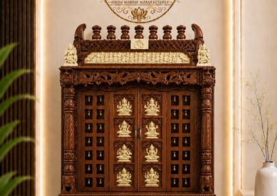 South Indian Ashtalakshmi Pooja Mandir with Doors handcrafted from premium teak wood featuring intricate carvings, traditional South Indian architecture, spacious storage drawers, and elegant pillars for luxury home pooja rooms.