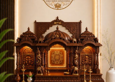 Traditional Tridevi Teak Wood Home Mandir with Sacred Yantra Back Panel, Hand-Carved Wooden Temple for Home Pooja Room, Luxury Hindu Prayer Mandir with Decorative Domes and Premium Wooden Finish.