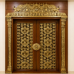 South Indian Ashtalakshmi Pooja Mandir with Doors handcrafted from premium teak wood featuring intricate carvings, traditional South Indian architecture, spacious storage drawers, and elegant pillars for luxury home pooja rooms.