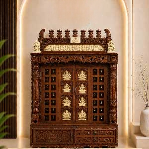 South Indian Ashtalakshmi Pooja Mandir with Doors handcrafted from premium teak wood featuring intricate carvings, traditional South Indian architecture, spacious storage drawers, and elegant pillars for luxury home pooja rooms.