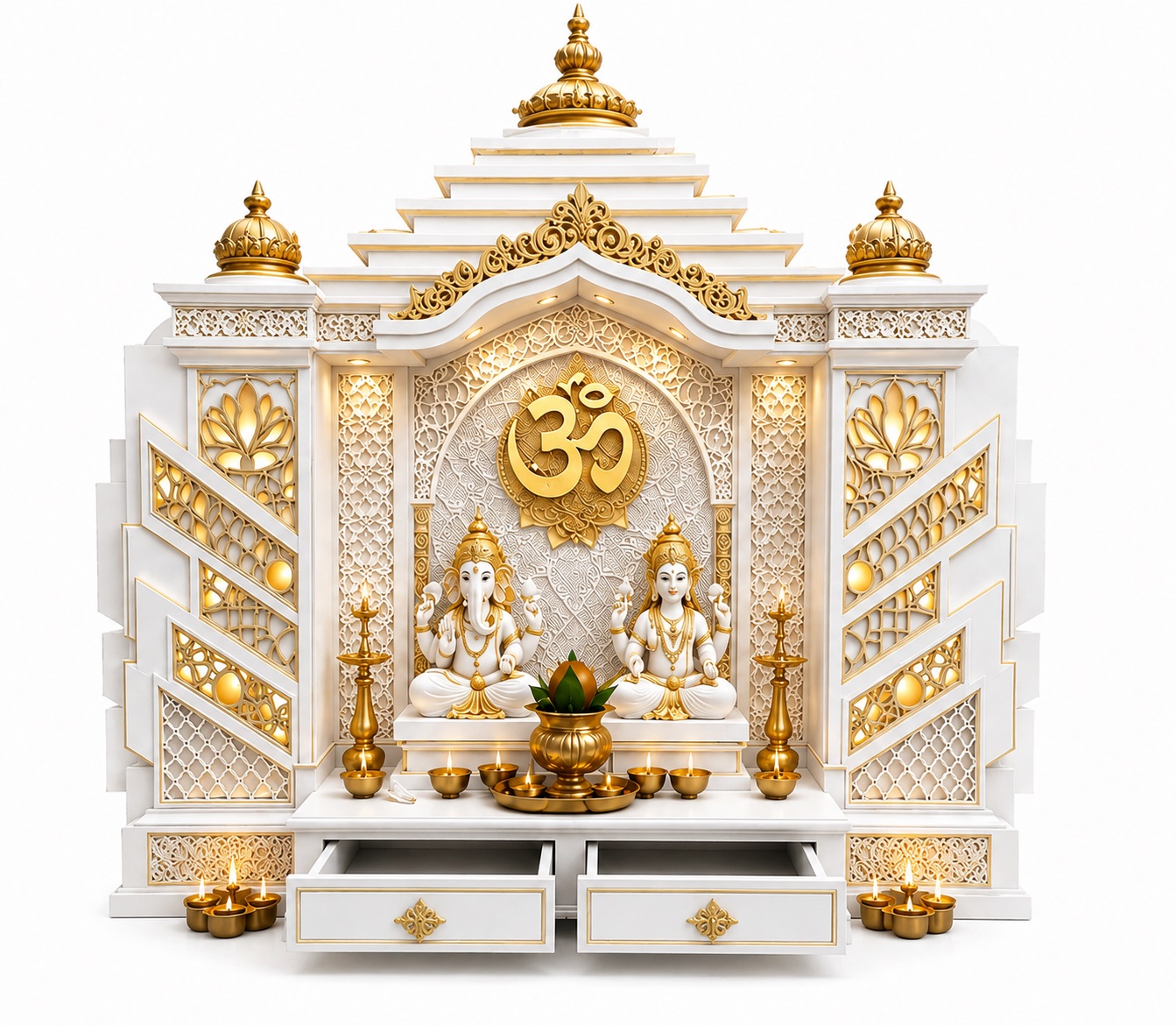 Bollywood Style Large Wooden Hindu Mandir with White and Gold Finish - Image 4