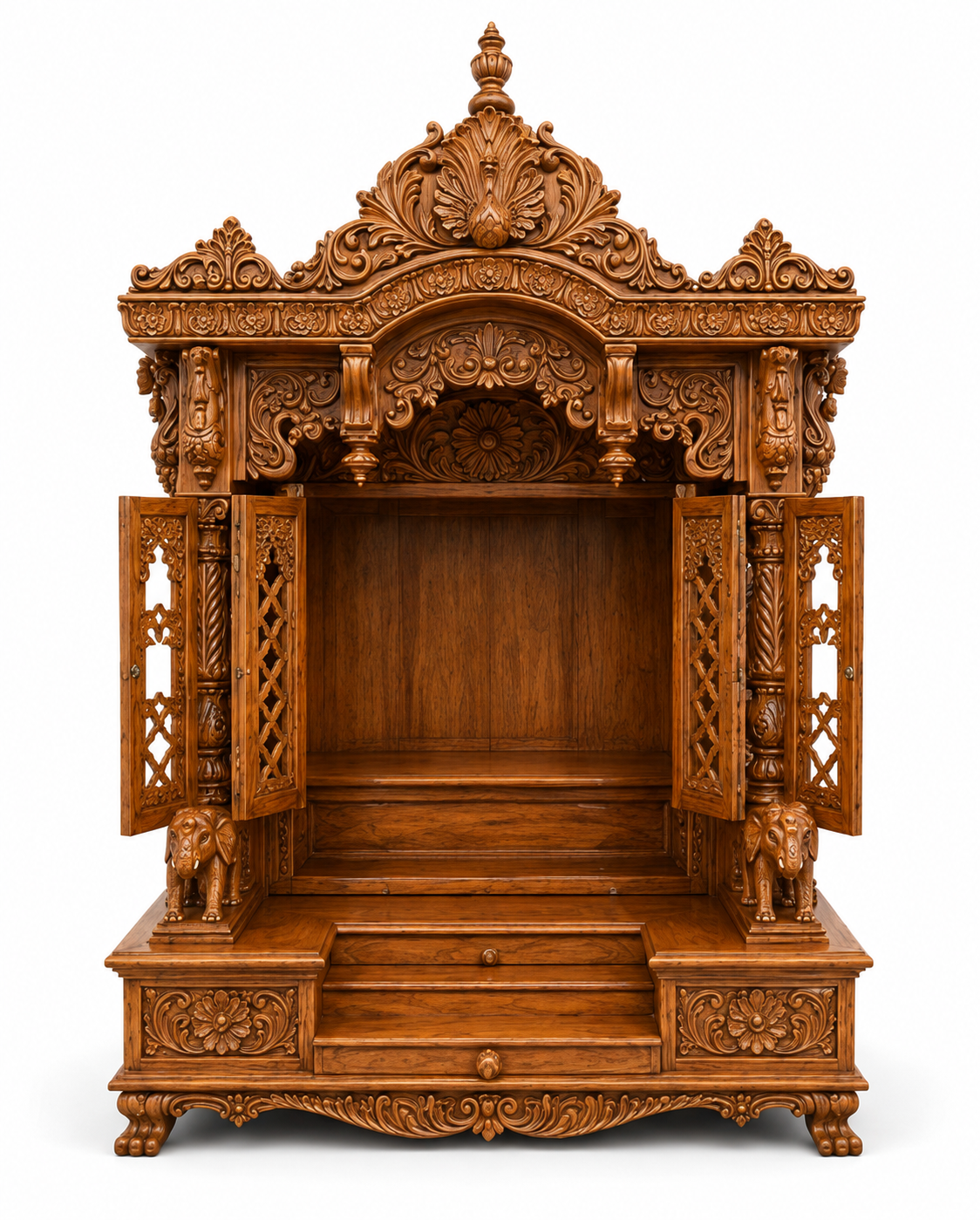 Hand Carved Wooden Pooja Temple with Inner Shrine - Image 4