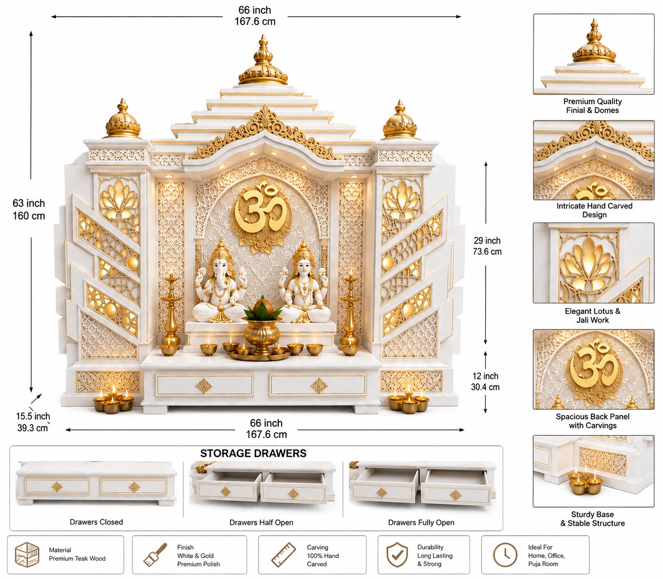 Bollywood Style Large Wooden Hindu Mandir with White and Gold Finish - Image 3