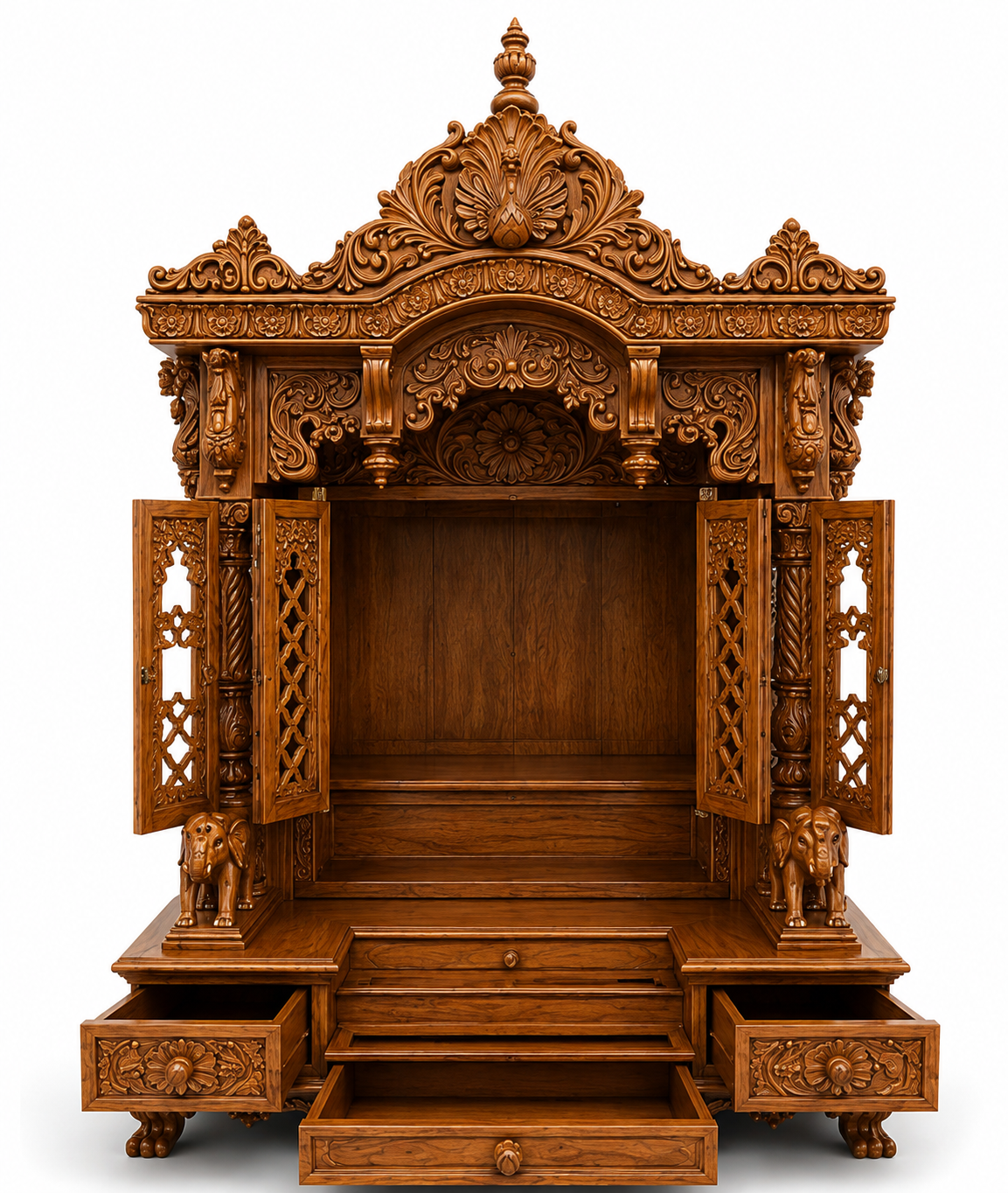 Hand Carved Wooden Pooja Temple with Inner Shrine - Image 3