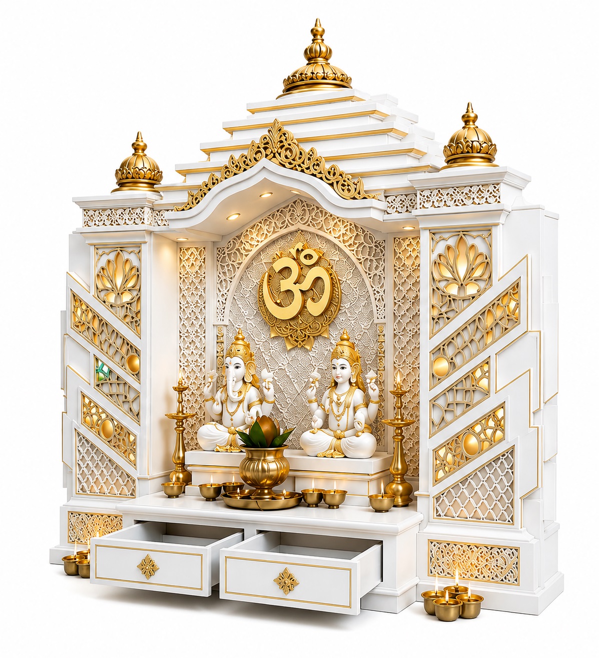 Bollywood Style Large Wooden Hindu Mandir with White and Gold Finish - Image 2