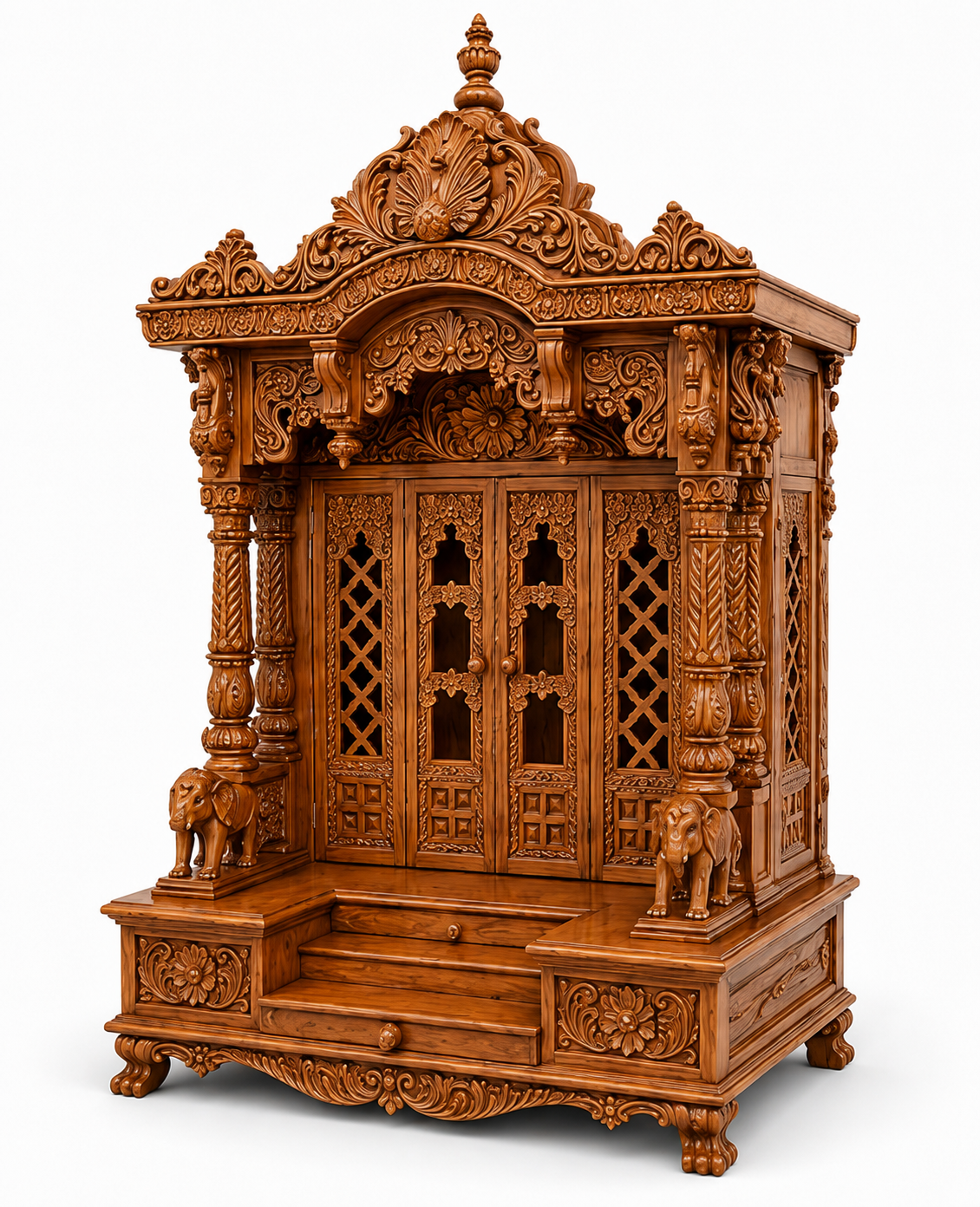 Hand Carved Wooden Pooja Temple with Inner Shrine - Image 2