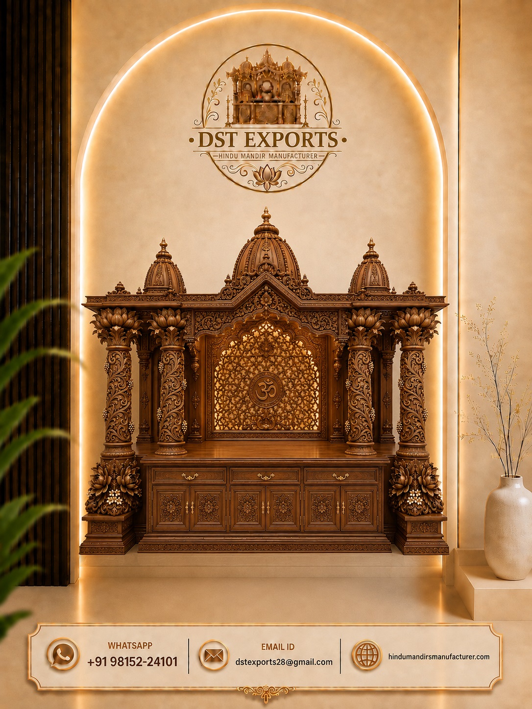 Bollywood Style Floral Carved Teak Wood Mandir For Home