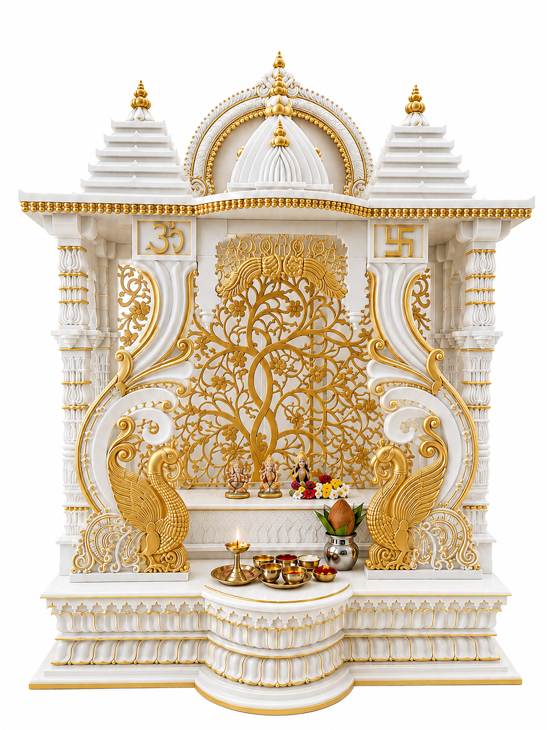 Divine Mayur Style White & Gold Handcarved Wooden Temple