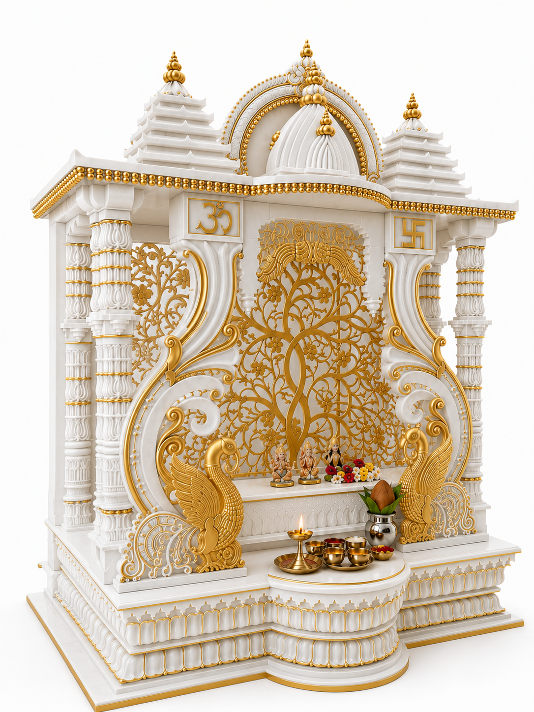 Divine Mayur Style White & Gold Handcarved Wooden Temple