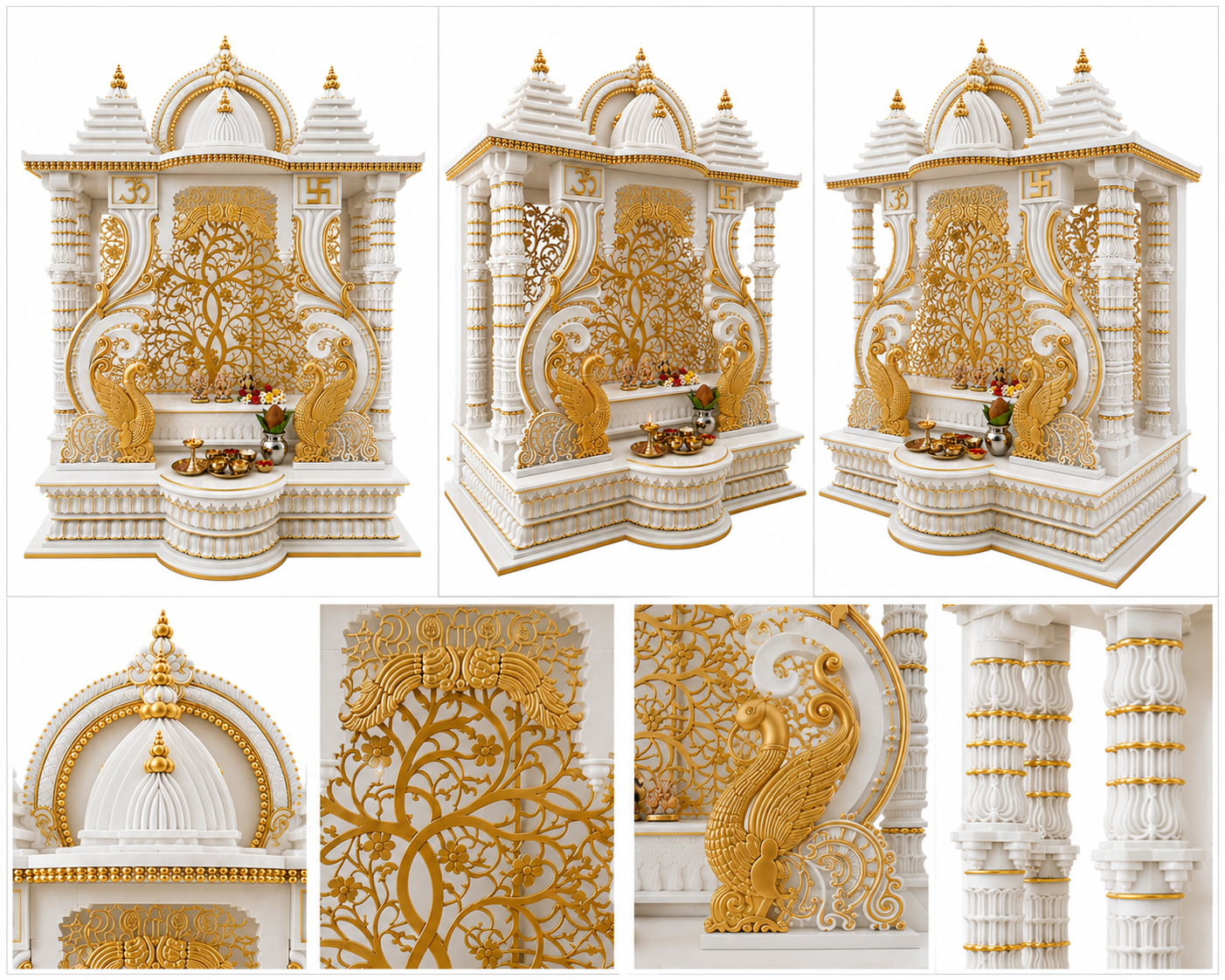 Divine Mayur Style White & Gold Handcarved Wooden Temple
