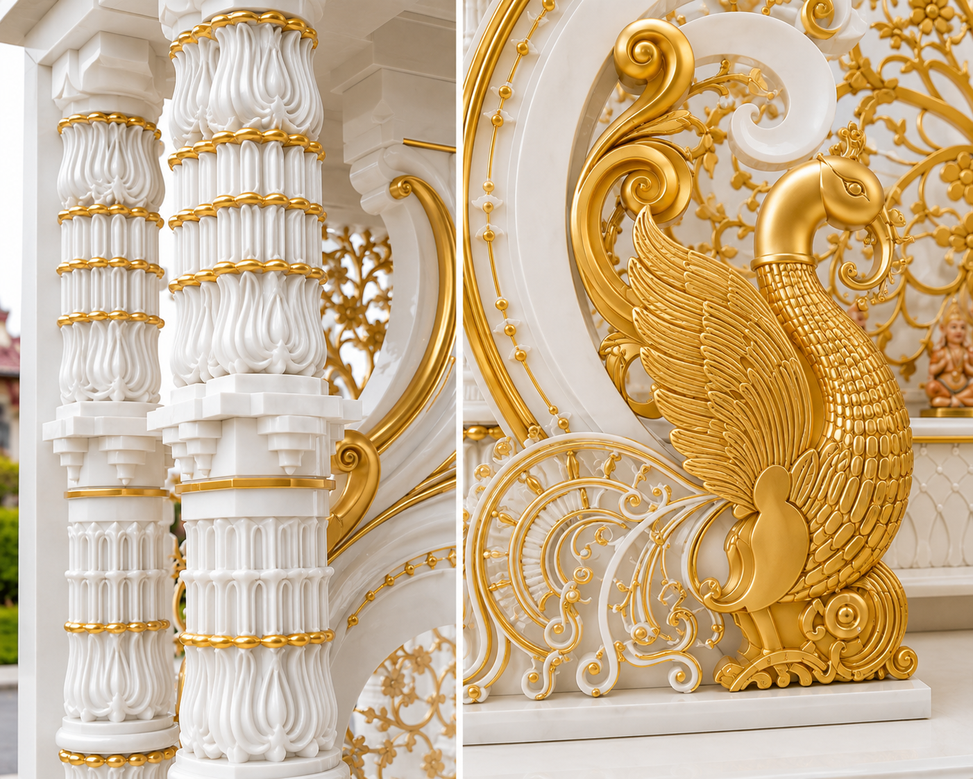 Divine Mayur Style White & Gold Handcarved Wooden Temple