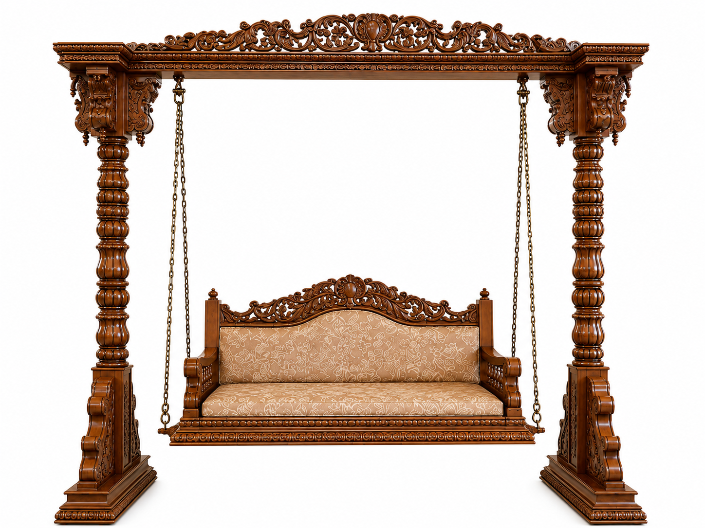Peacocak Carved Traditional Teak Wood 3 Seater Swing For Lobby Area