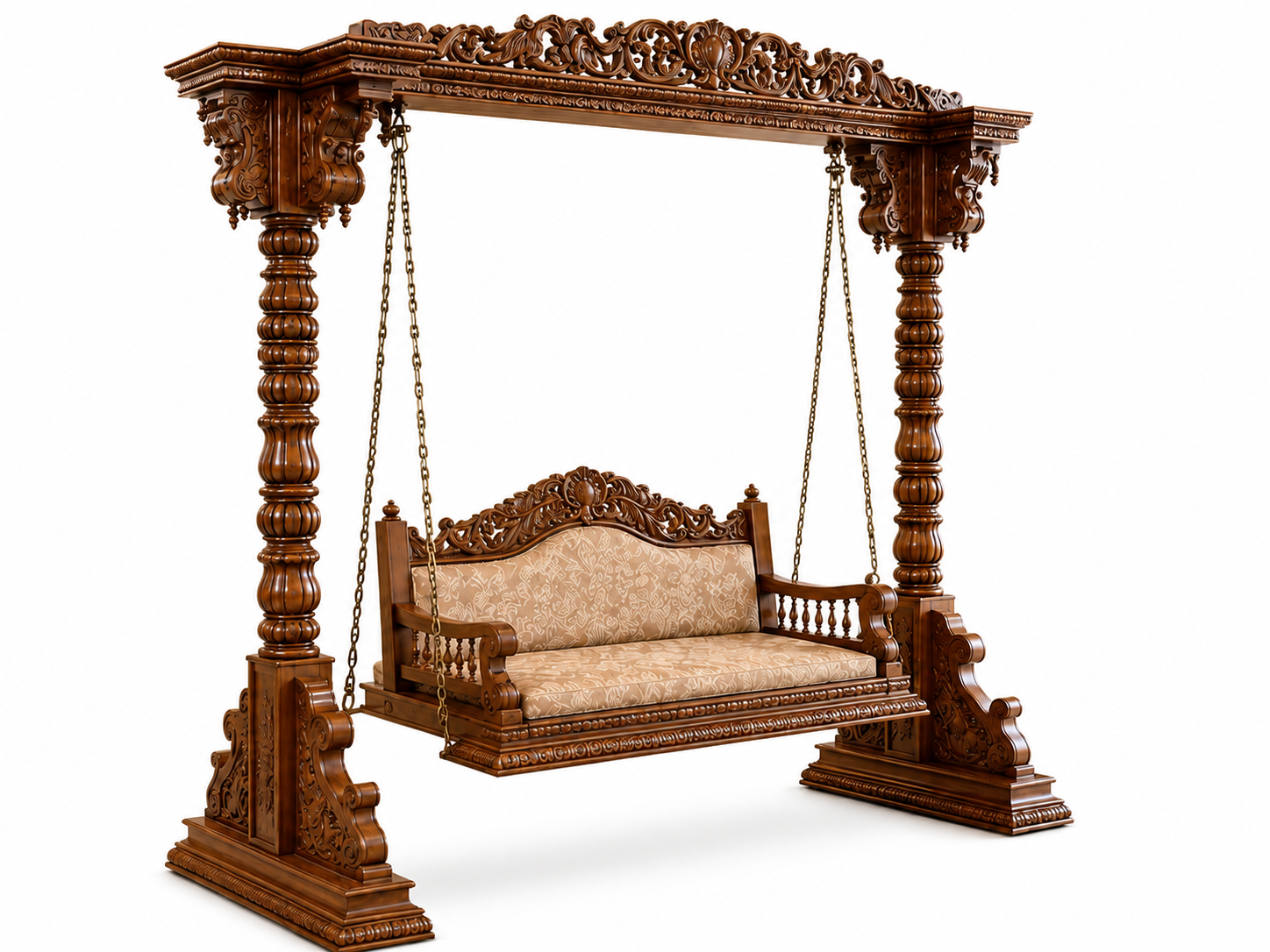 Peacocak Carved Traditional Teak Wood 3 Seater Swing For Lobby Area