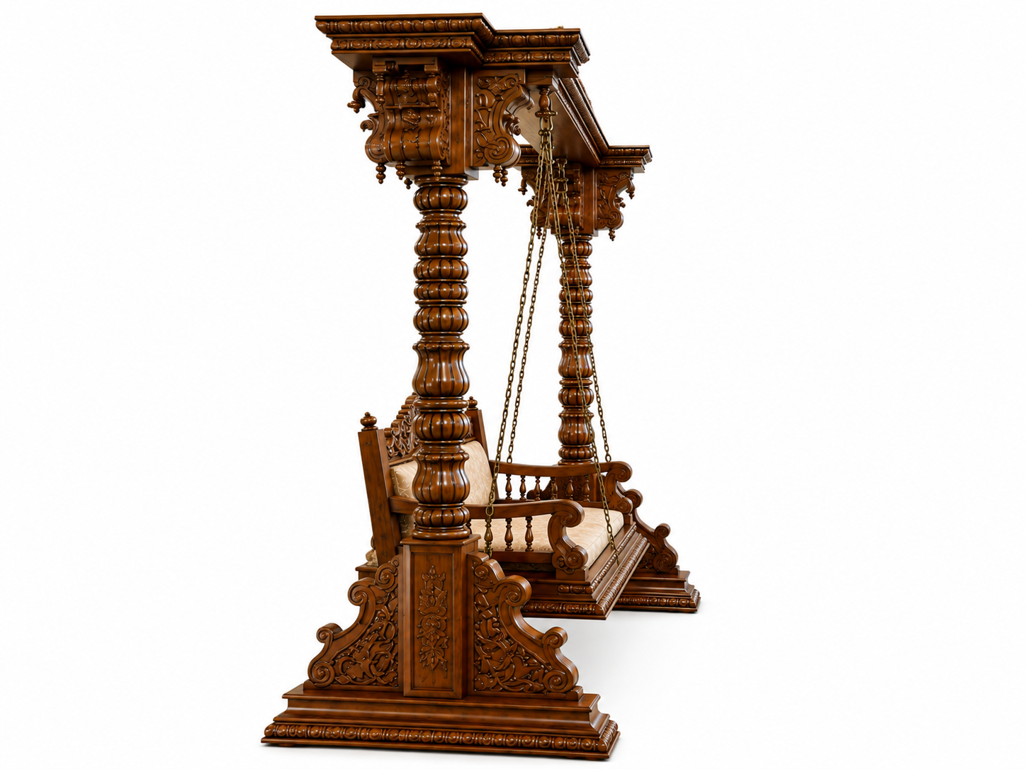 Peacocak Carved Traditional Teak Wood 3 Seater Swing For Lobby Area