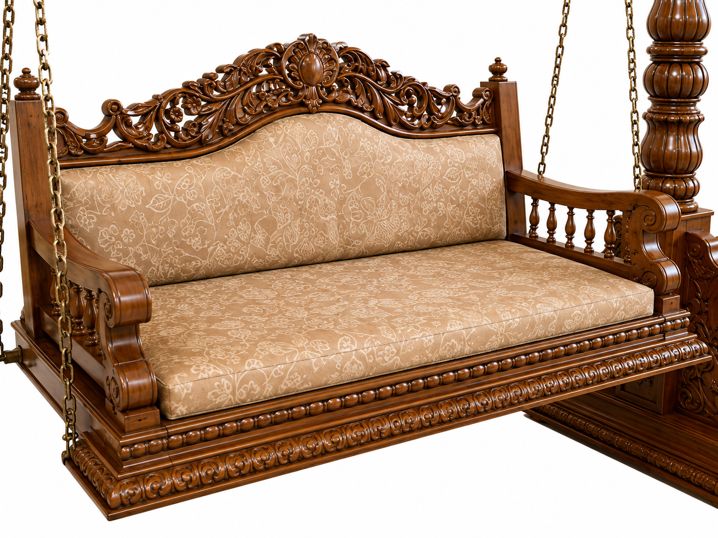 Peacocak Carved Traditional Teak Wood 3 Seater Swing For Lobby Area