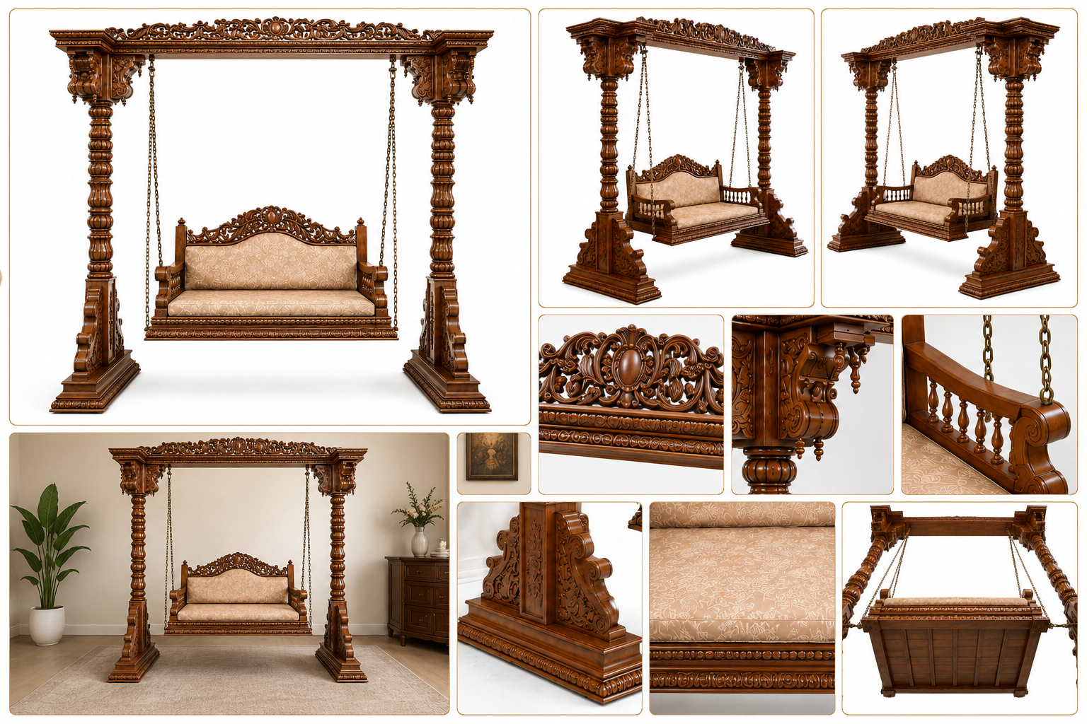 Peacocak Carved Traditional Teak Wood 3 Seater Swing For Lobby Area