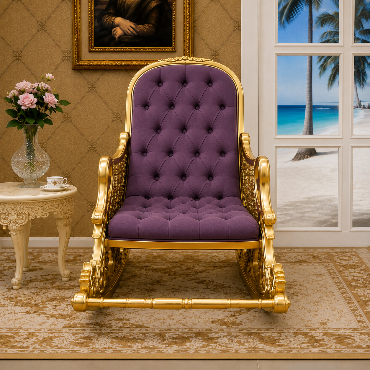 Premium Handcrafted Gold Finish Wooden Rocking Lounge Chair