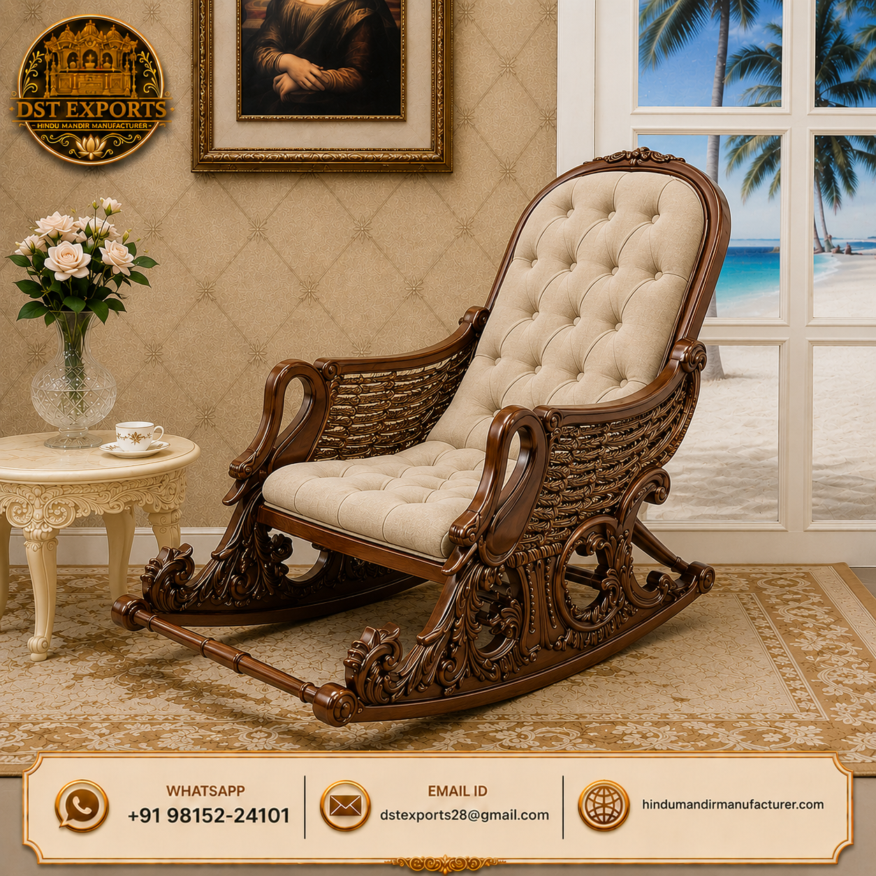 Premium Handcrafted Gold Finish Wooden Rocking Lounge Chair
