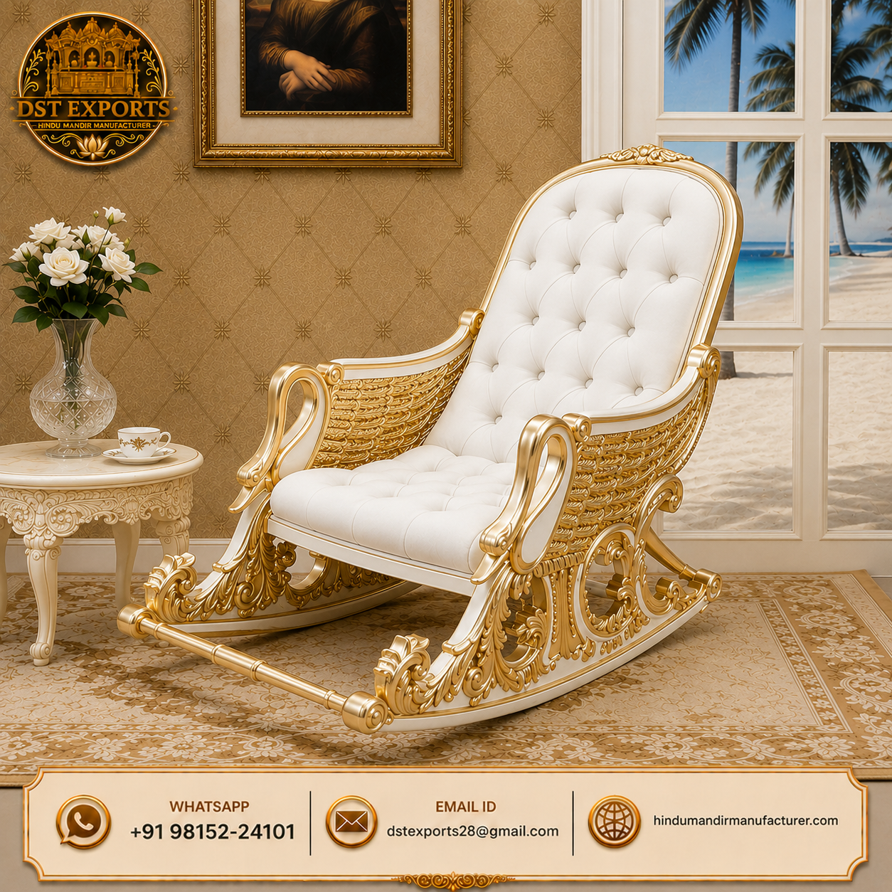 Premium Handcrafted Gold Finish Wooden Rocking Lounge Chair