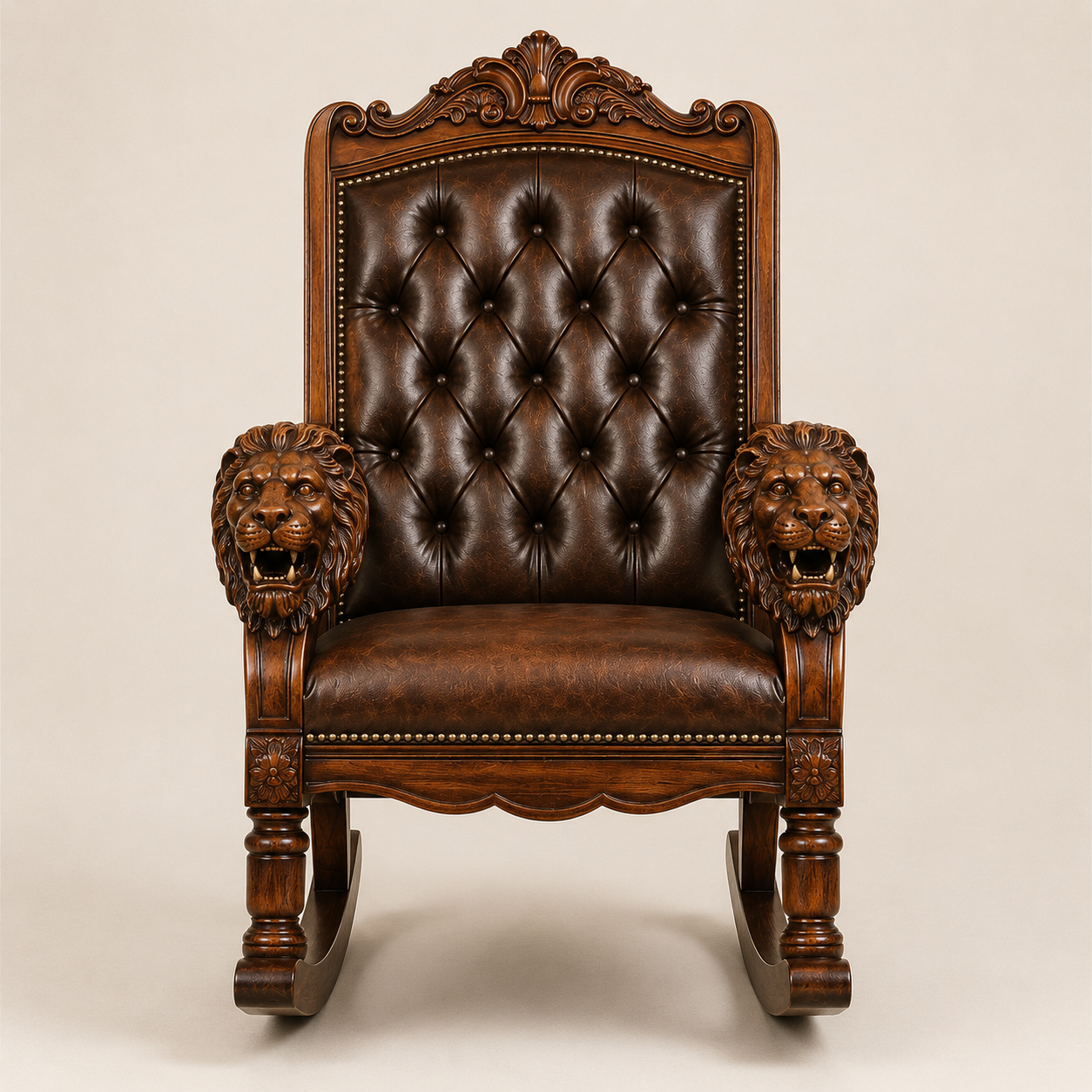 Royal Teak Wood Rocking Chair with Hand-Carved Lion Head Armrests