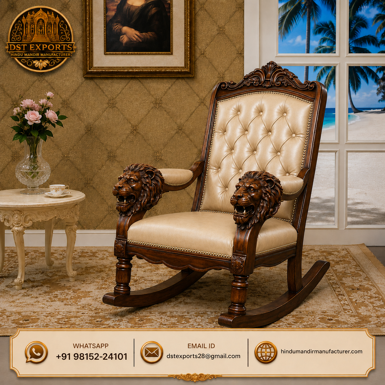 Royal Teak Wood Rocking Chair with Hand-Carved Lion Head Armrests