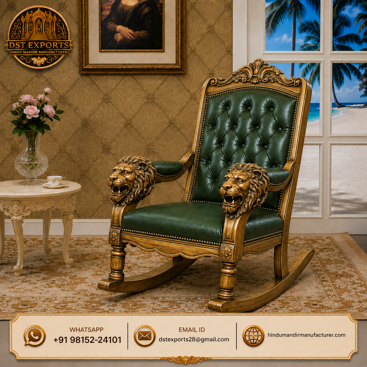 Royal Teak Wood Rocking Chair with Hand-Carved Lion Head Armrests