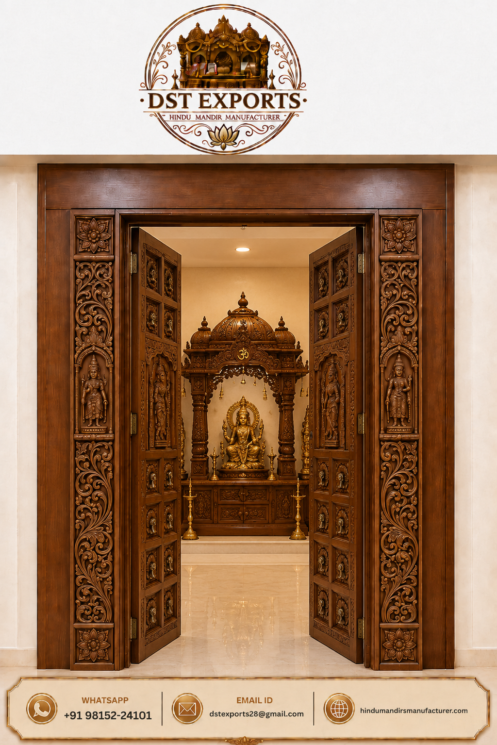 Royal Walnut-Finish Teak Wood Hindu Prayer Room Door