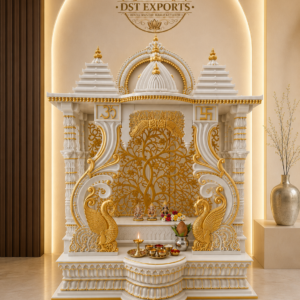 Divine Mayur Style White & Gold Handcarved Wooden Temple
