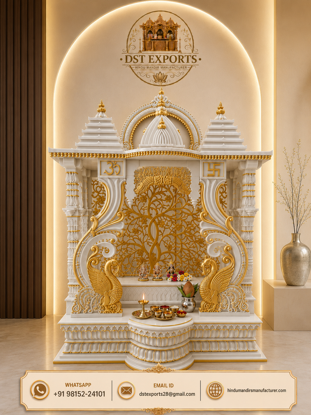 Divine Mayur Style White & Gold Handcarved Wooden Temple