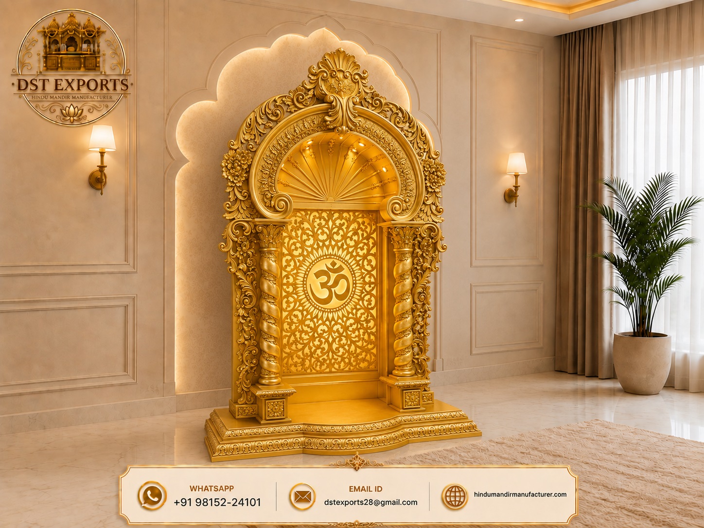 Hand-Carved Golden Om Hindu Mandir for Luxury Homes
