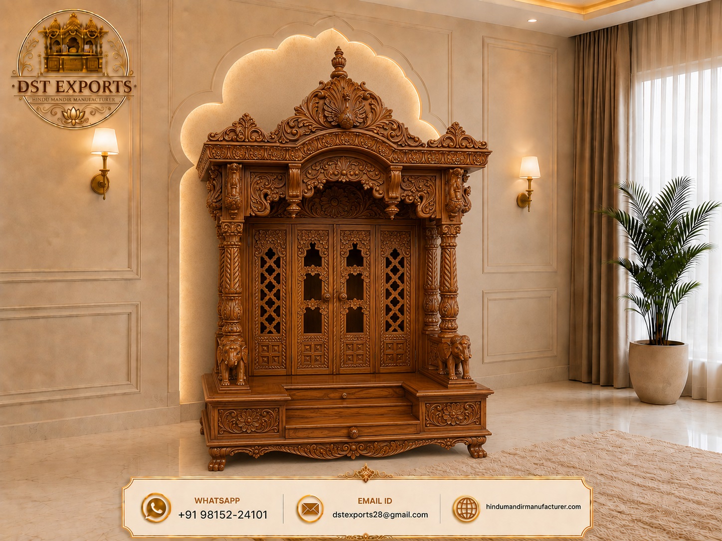 Hand Carved Wooden Pooja Temple with Inner Shrine